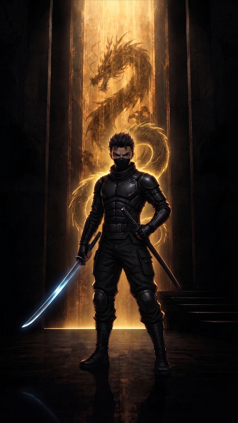 Ninja 3D dengan bayangan naga dalam portal emas NAGA5000